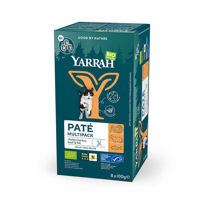 Yarrah Bio Katze Schalen Multipack Paté getreidefrei gemischt (Rind/ Huhn & Truthahn) 8 x 100g