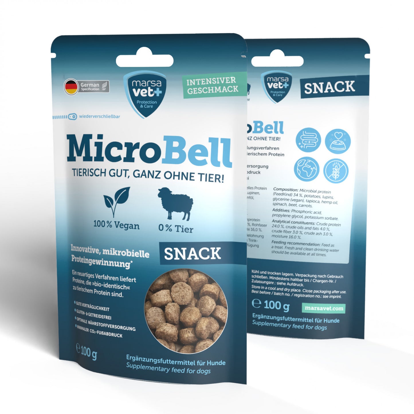 Marsavet MicroBell Snack – Vegane Hundesnacks / Leckerlis mit mikrobiellem Protein – 100g