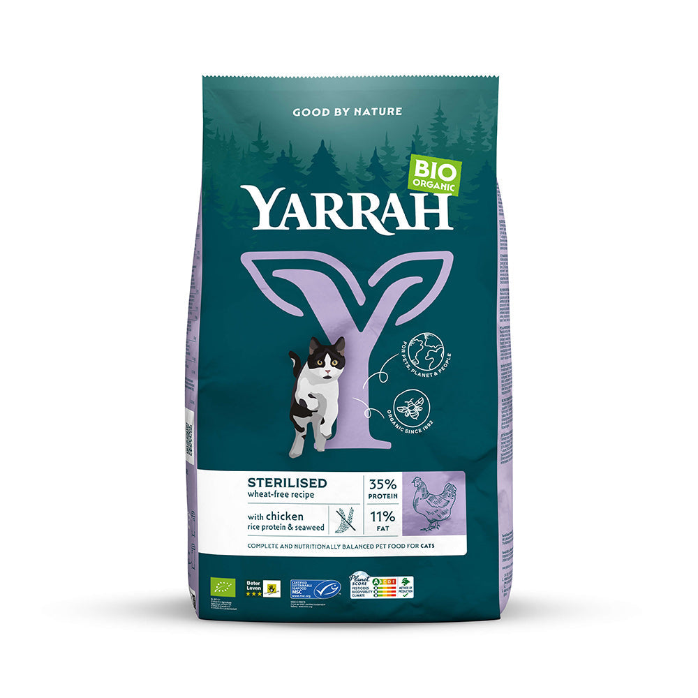 Rette mich: Yarrah Bio Katze Trockenfutter weizenfrei für sterilisierte Katze Huhn & Fisch 700g