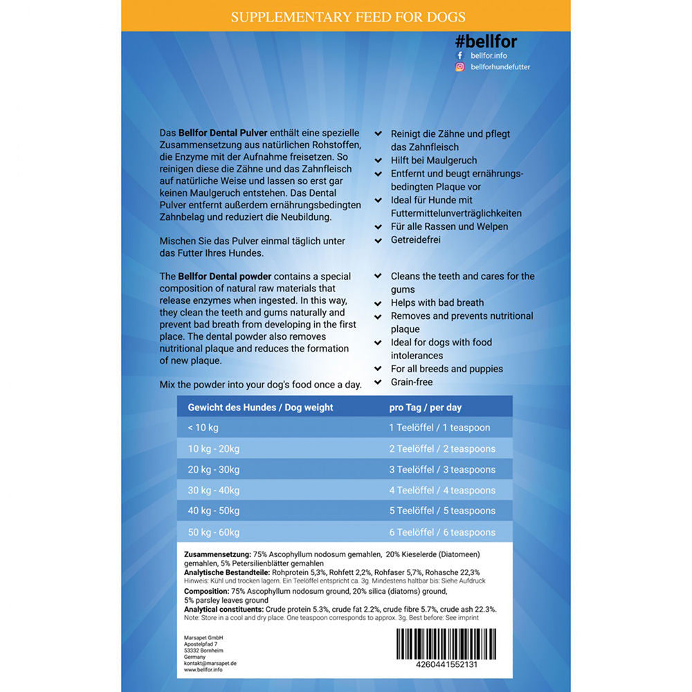 Bellfor Dental Pulver natürliches Zahnpulver für Hunde 250 g