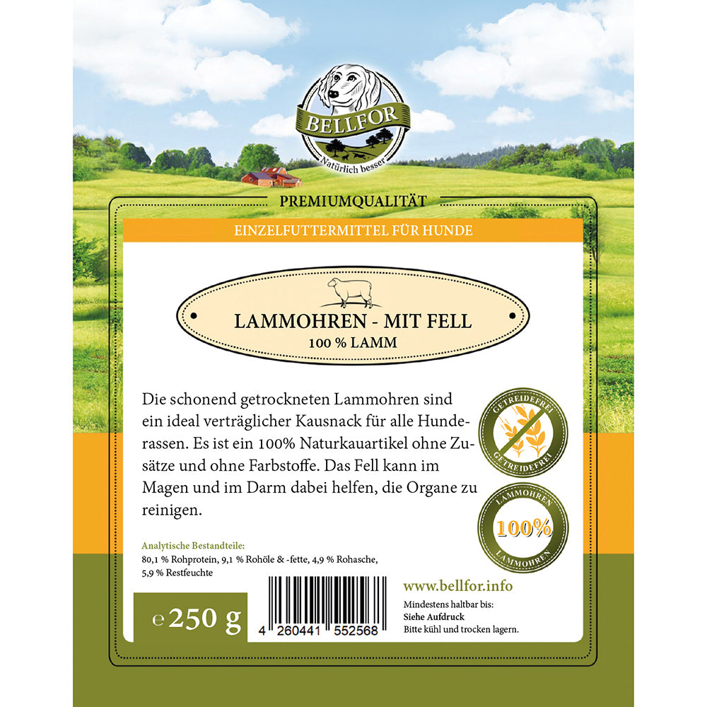Bellfor Gesunder Hundesnack - Lamm-Ohren mit Fell 250 g