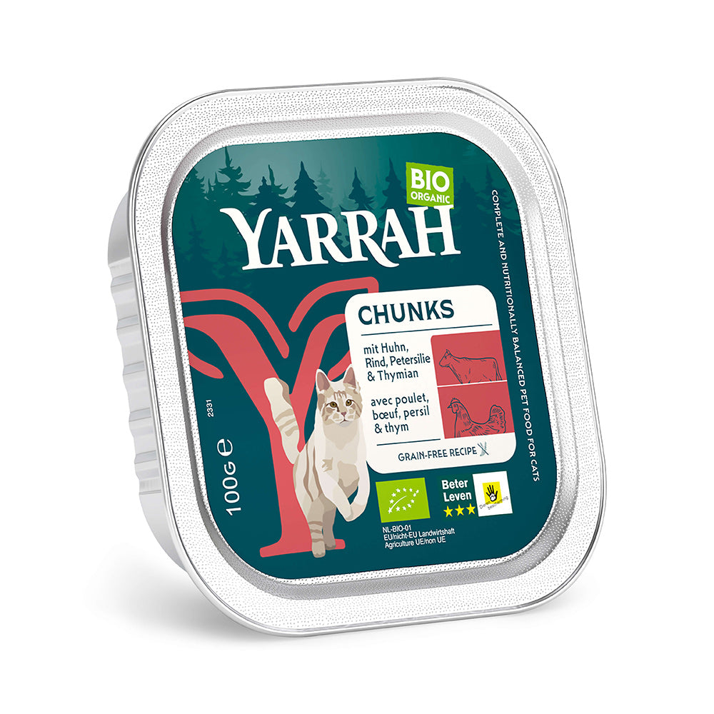 Rette mich: Yarrah Bio Katze Schale Bröckchen getreidefrei Huhn mit Rind 16×100g Schale