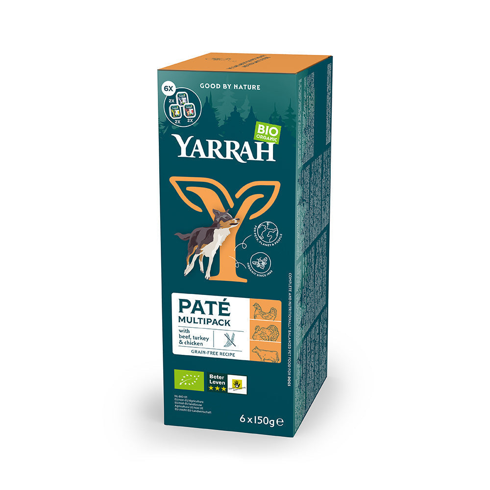 Yarrah Bio Hund Schale Multipacks Paté getreidefrei gemischt  (Rind / Huhn & Truthahn) 6 x 150g