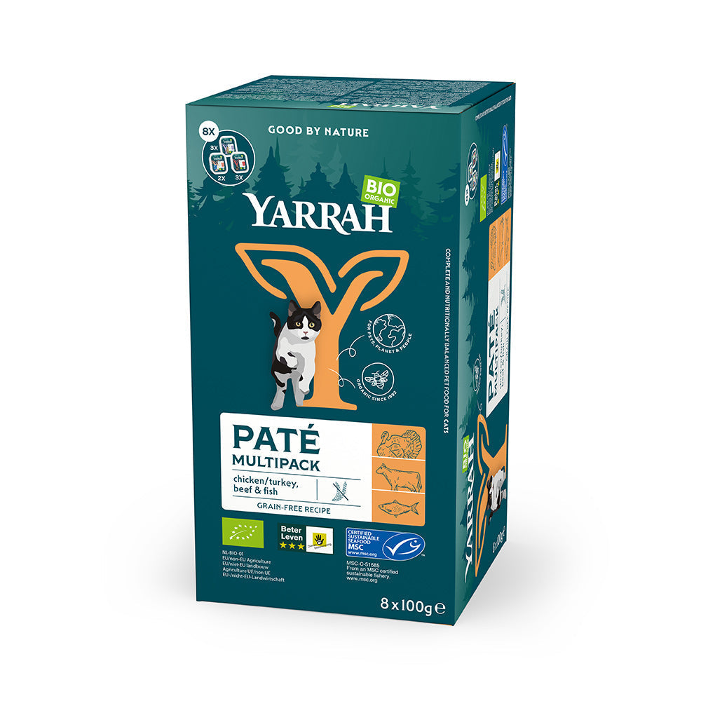 Yarrah Bio Katze Schalen Multipack Paté getreidefrei gemischt (Rind/ Huhn & Truthahn) 8 x 100g