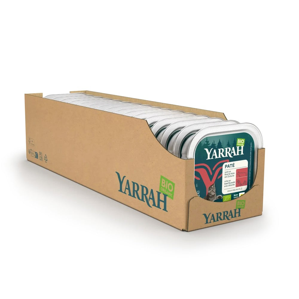 Yarrah Bio Katze Schale Paté getreidefrei mit Rind 16 x 100g - BioTierFutter Onlineshop