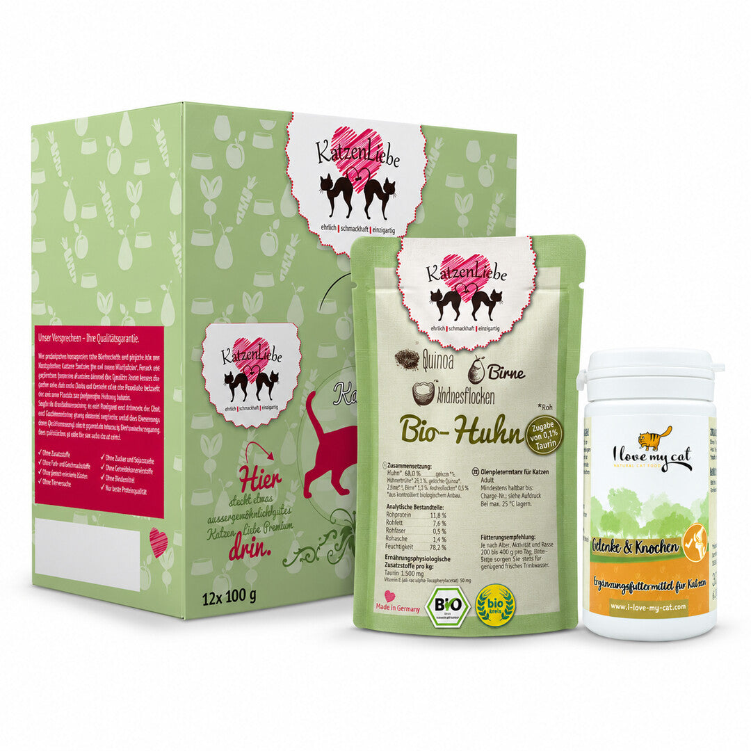 Gelenk-Set Katze – Bio-Huhn & Gelenke-Kapseln – alle enthaltenen Produkte auf weissem Hintergrund