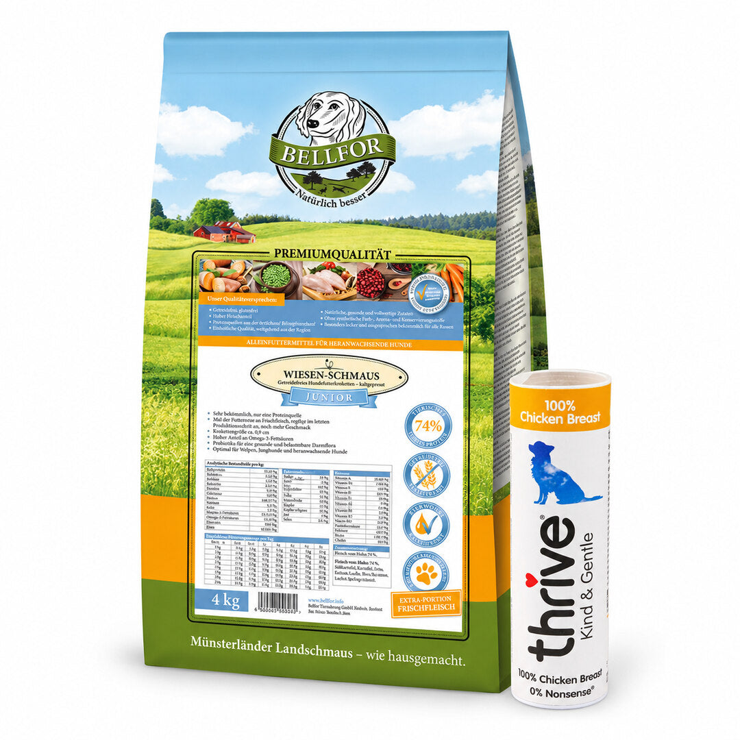 Welpenstart für grosse Rassen – Futter & Trainingssnacks – alle enthaltenen Produkte auf weissem Hintergrund