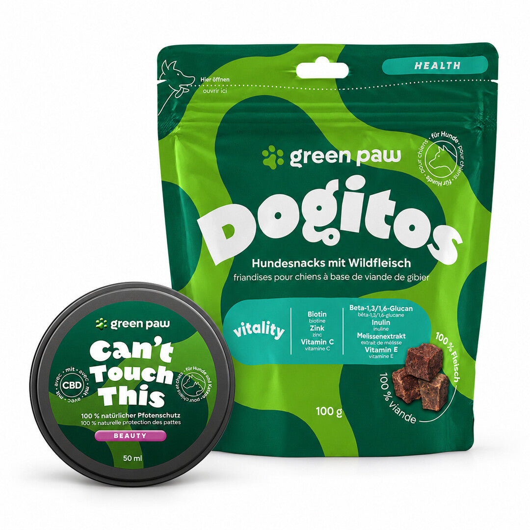 Winter-Gassi-Set – Pfotenschutz & Dogitos Vitality – alle enthaltenen Produkte auf weissem Hintergrund
