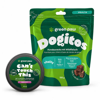 Winter-Gassi-Set – Pfotenschutz & Dogitos Vitality – alle enthaltenen Produkte auf weissem Hintergrund